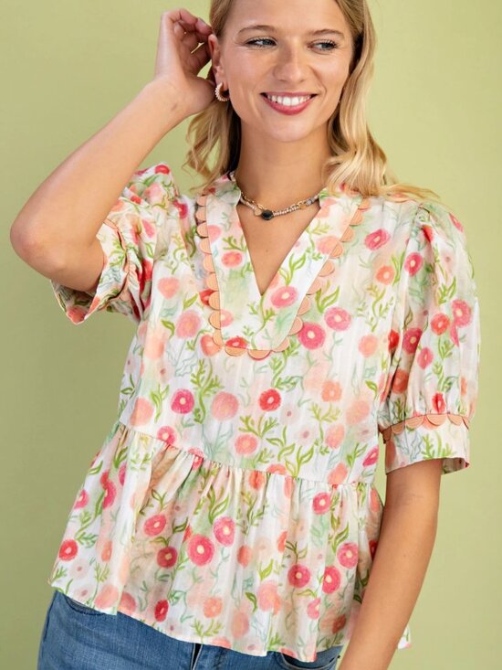 Gigio Tops - Floral Pullover Babydoll Top with ric rac